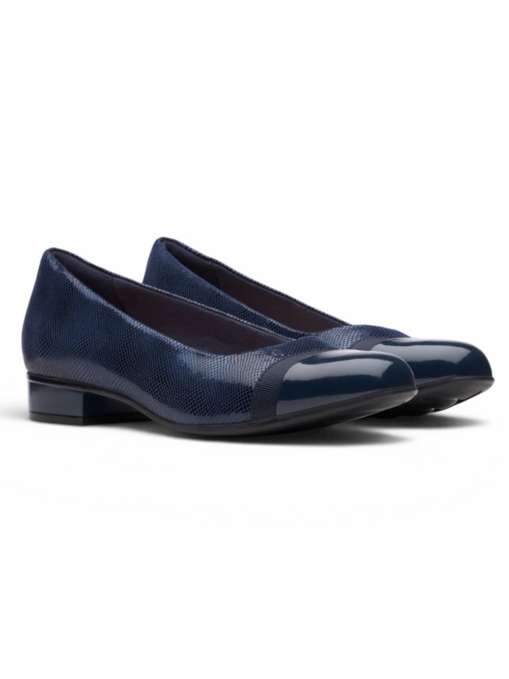COLLECTION BY CLARKS JULIET MONTE NAVY SNAKE SUEDE LEATHER COURT SLIP ON HEELS